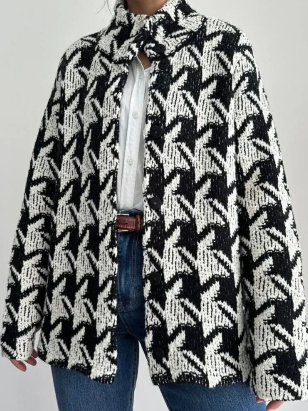 Chico's Houndstooth Knit Sweater Jacket Snap Button Multi-Wear Options GUC Sz 4